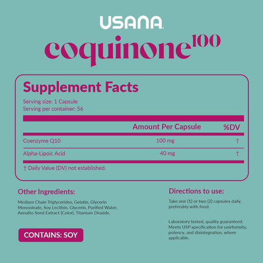 USANA CoQuinone 100 softgels pouring, suggesting easy daily intake.