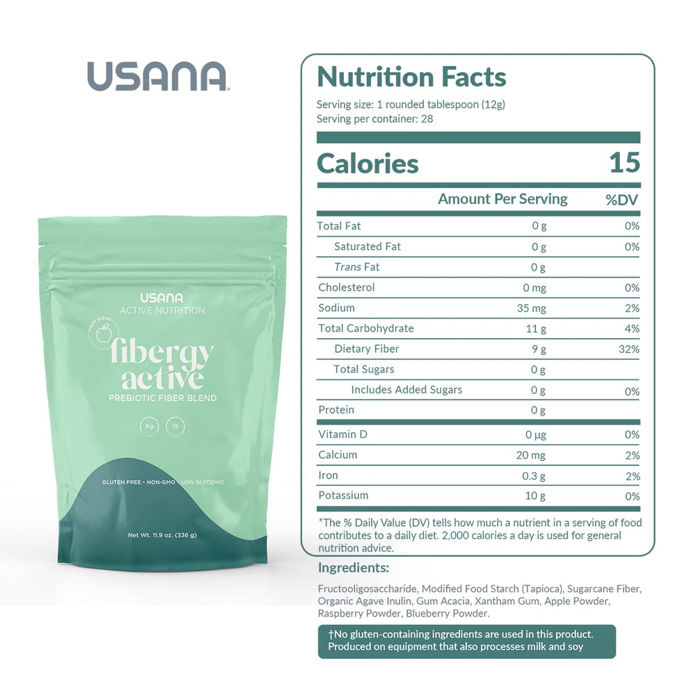 USANA Fibergy Active fruit fiber blend featuring apple, blueberry, raspberry for gut nourishment.