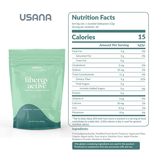 USANA Fibergy Active fruit fiber blend featuring apple, blueberry, raspberry for gut nourishment.