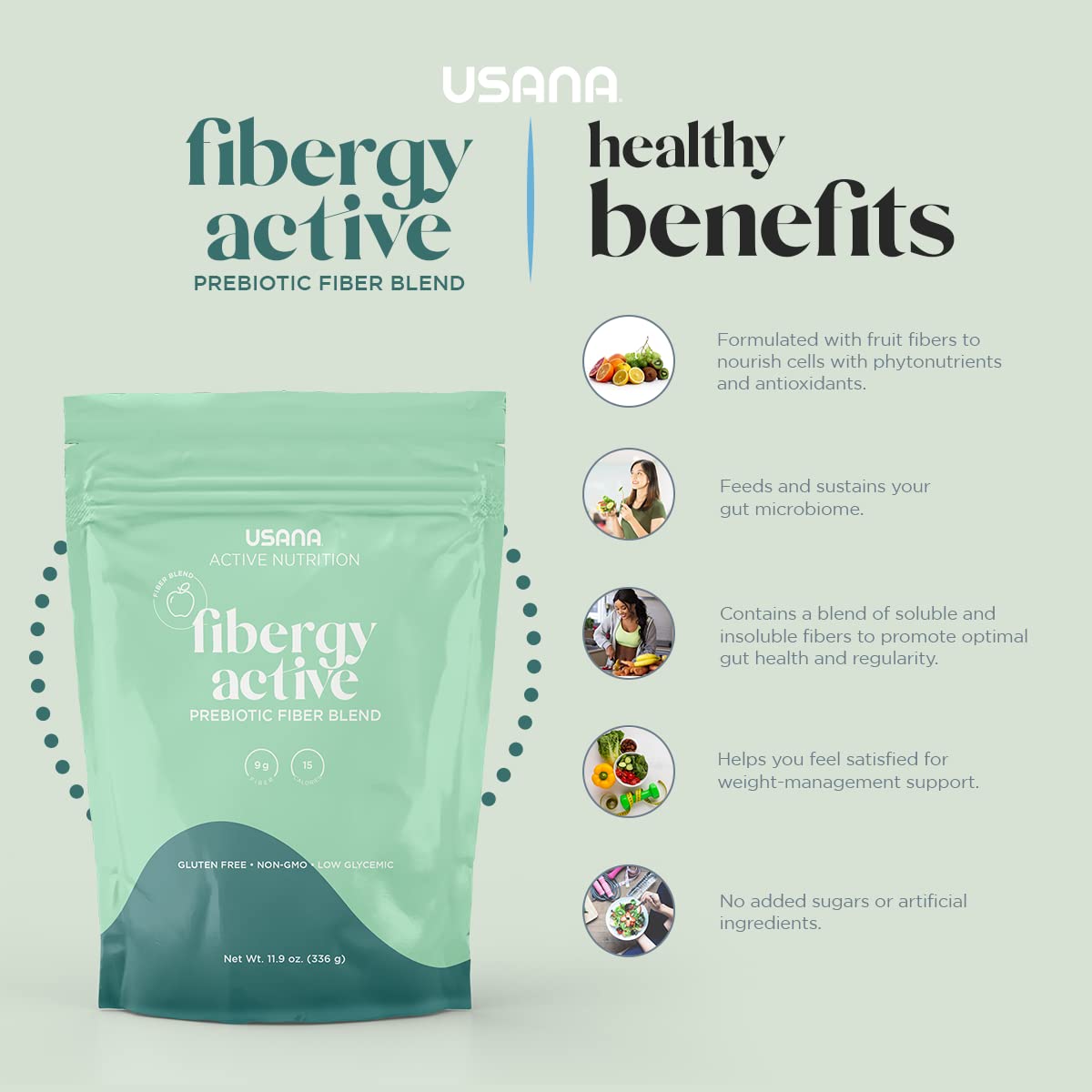 USANA Fibergy Active mixed drink image shows vegan-friendly fiber addition for beverages.