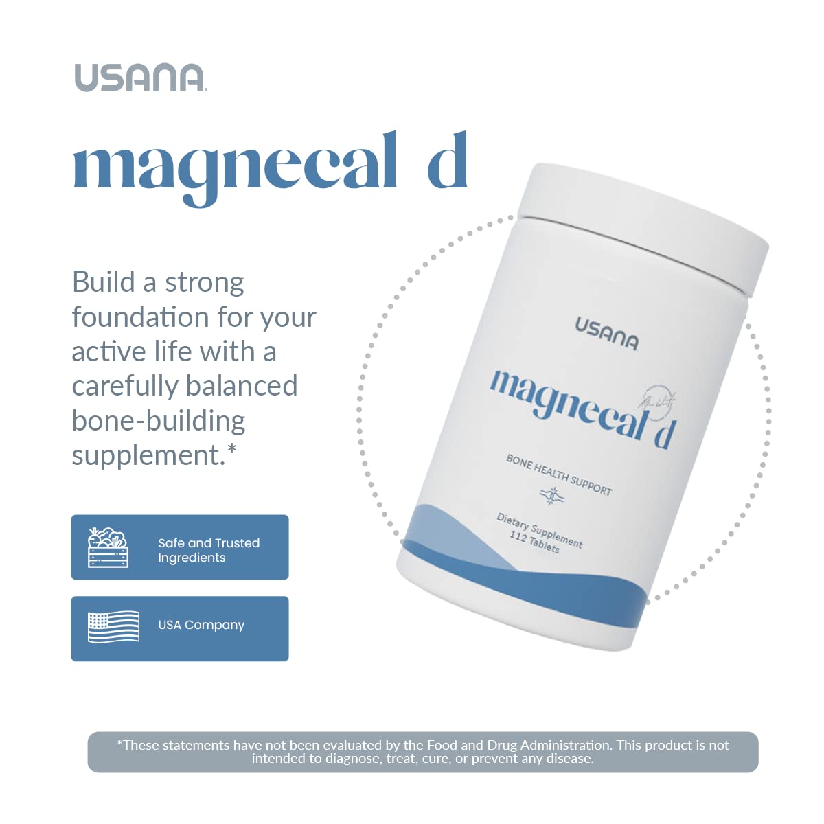 USANA MagneCal D 112 tablets pouring shot for convenient daily intake