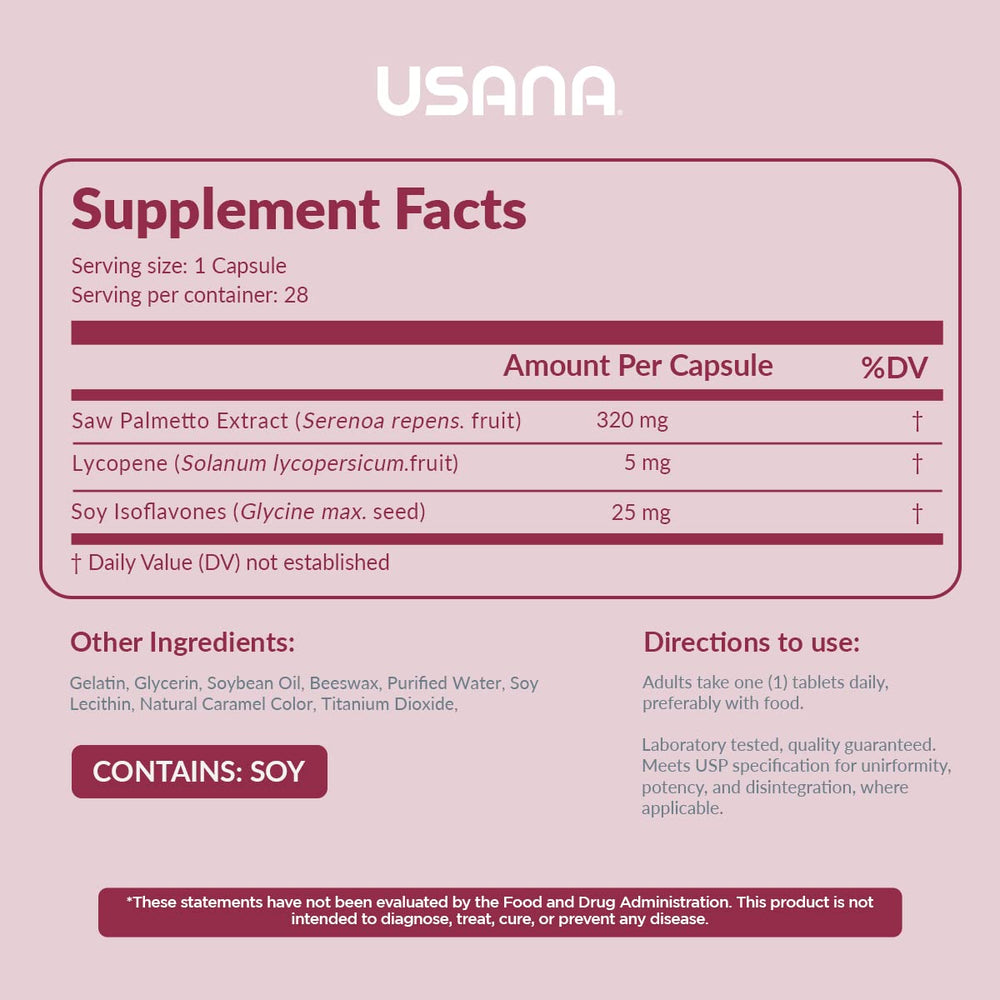 USANA Palmetto Plus bottle highlighting lycopene and antioxidant benefits.