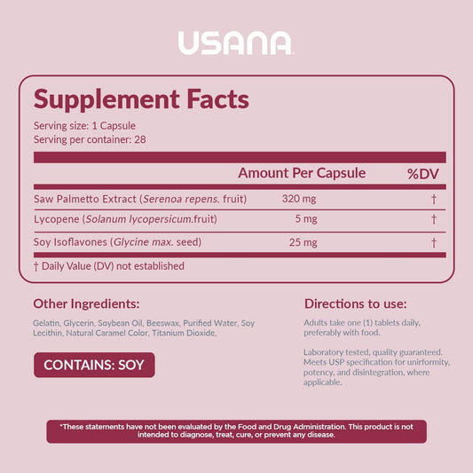 USANA Palmetto Plus bottle highlighting lycopene and antioxidant benefits.