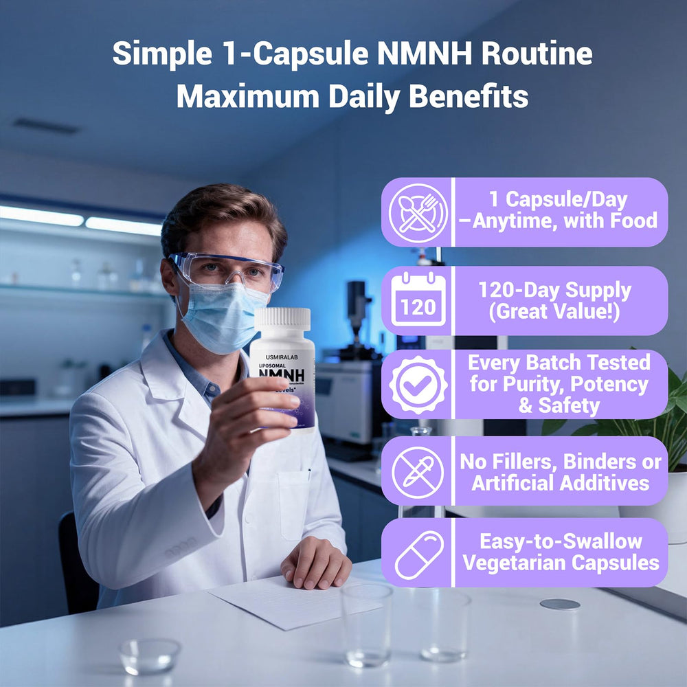 Front view of USMIRALAB NMNH bottle highlighting product packaging