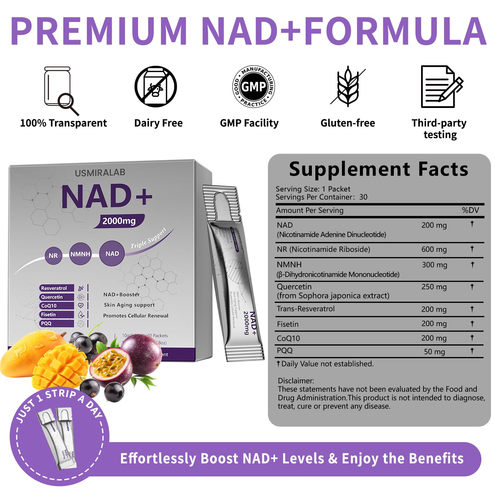 USMIRALAB NAD+ packets pouring into a glass highlights convenient on-the-go nutrition.