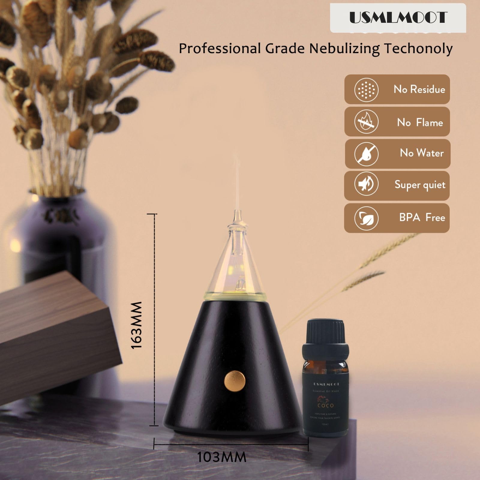 USMLMOOT Aroma Nebulizer wood base visible, natural texture complements modern interiors