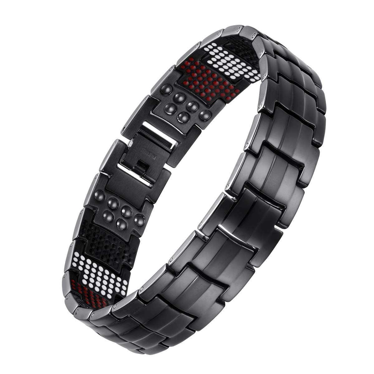 USWEL Ultra Strength Magnetic Bracelet in black close-up showing mineral elements and texture for durability.