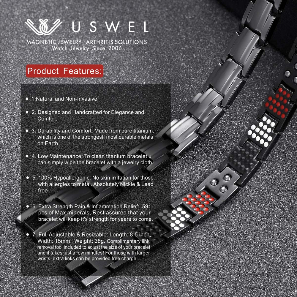 USWEL magnetic bracelet worn on wrist highlighting adjustable fit for all-day comfort.