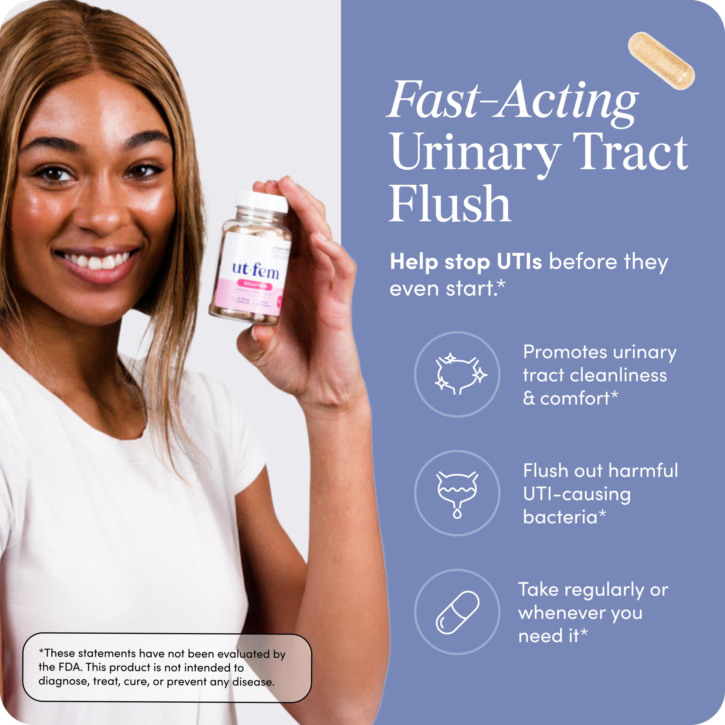 UT-Fem Solution capsules closeup highlighting D-Mannose and cranberry blend.