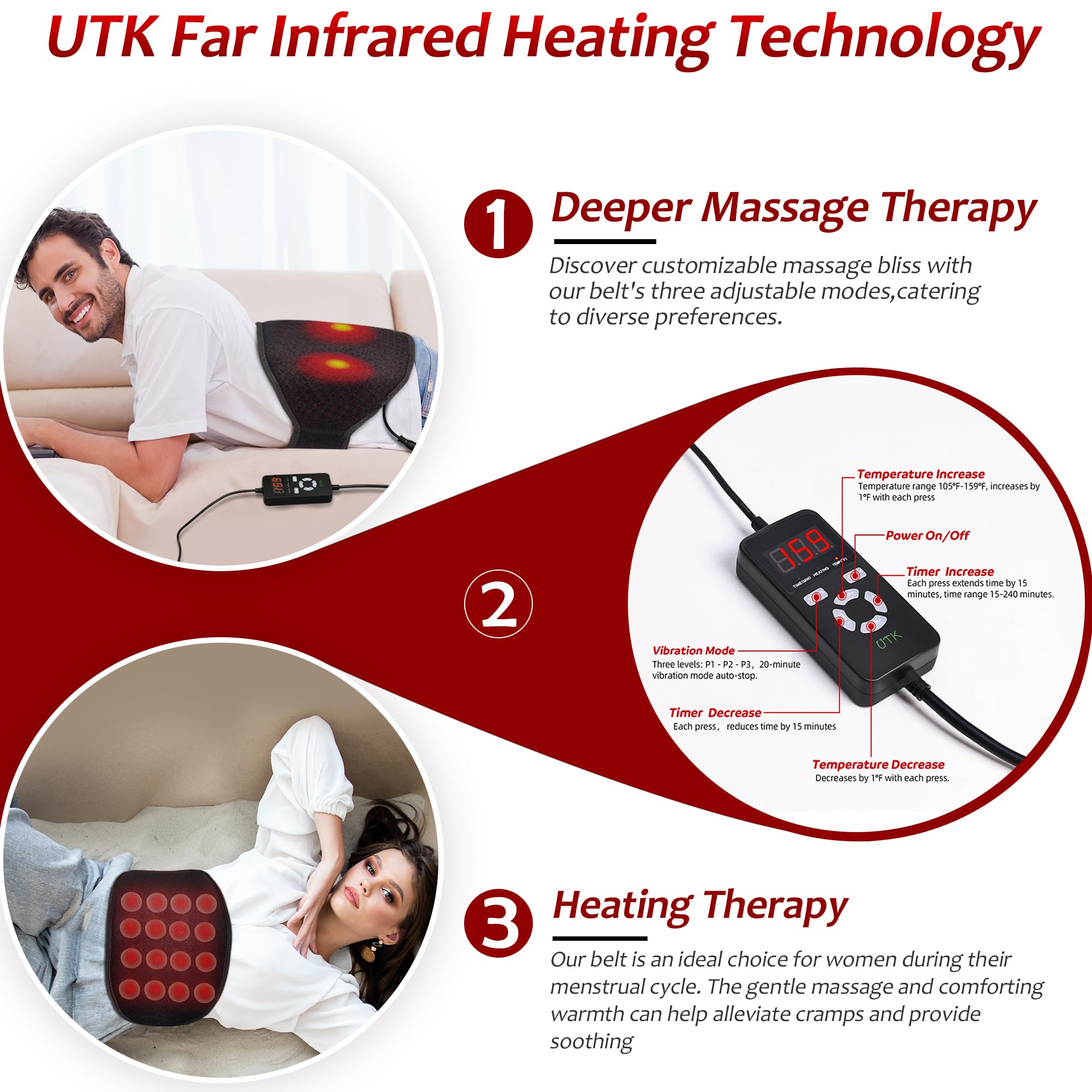 UTK back massage with three vibration levels for customizable relief.