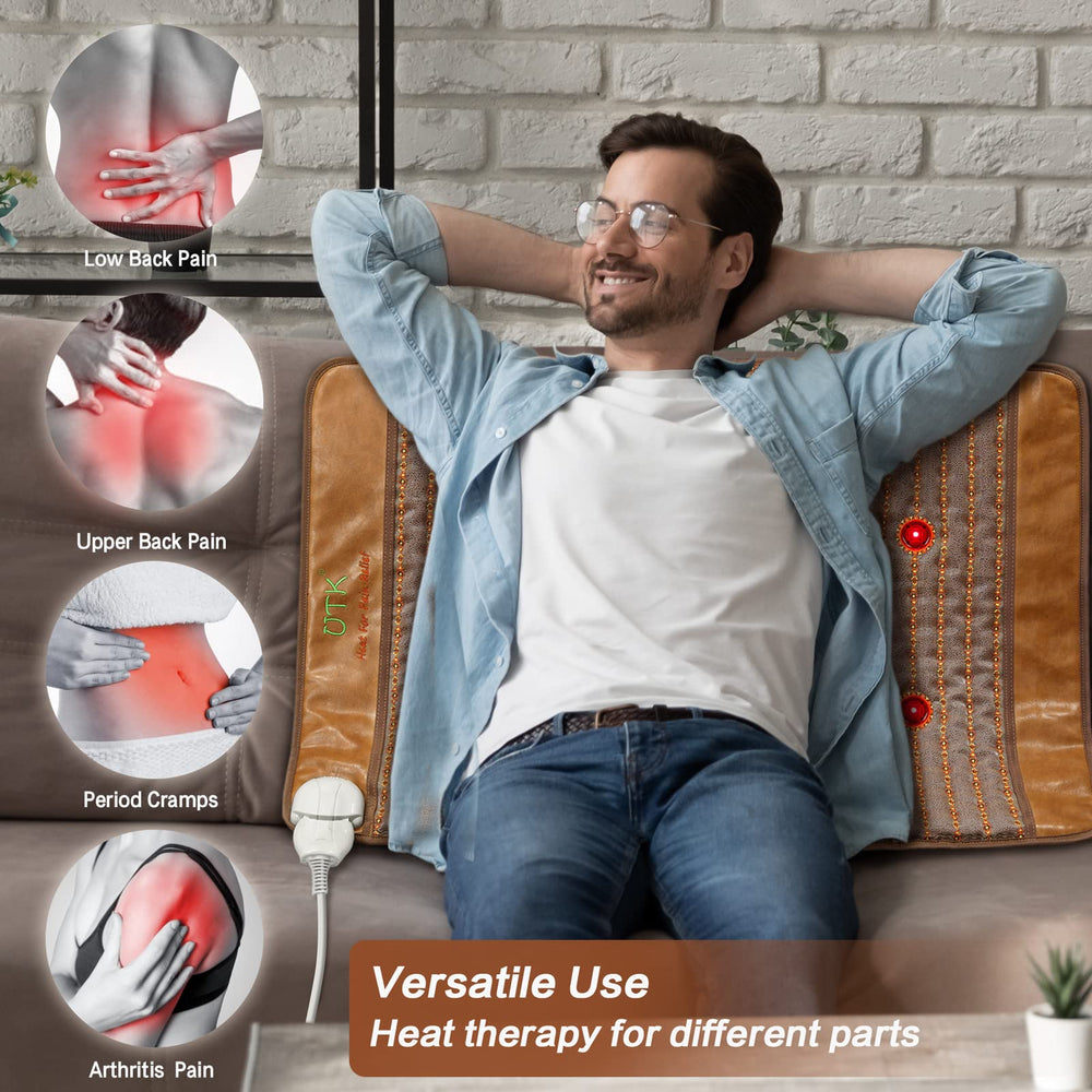 UTK far infrared heating pad showing 4-in-1 therapy features for enhanced relaxation.