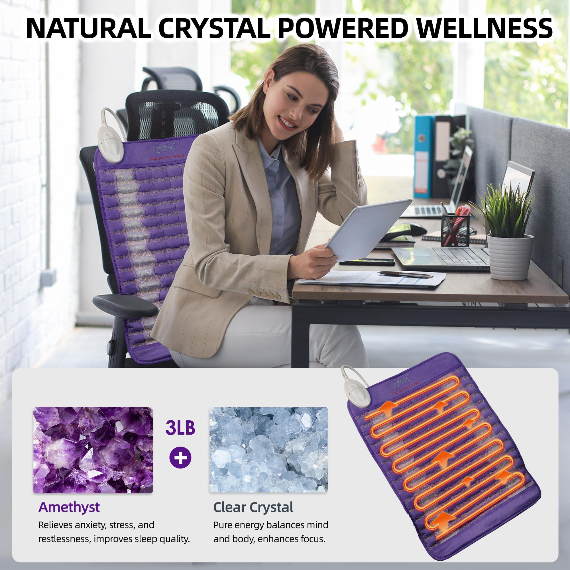 UTK amethyst stones heating pad on abdomen offering calming warmth.