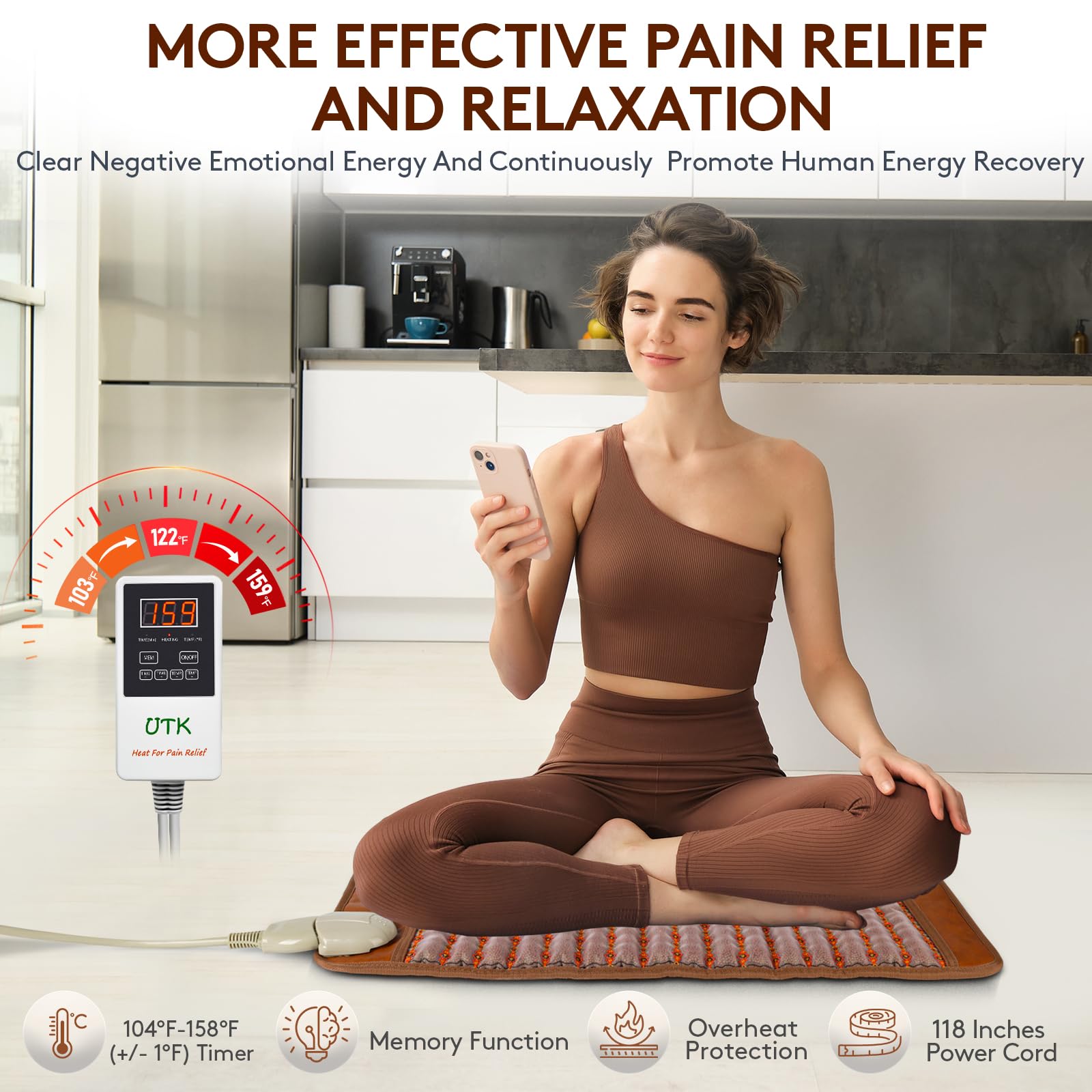 UTK far infrared heating pad with 159°F heat setting on control panel