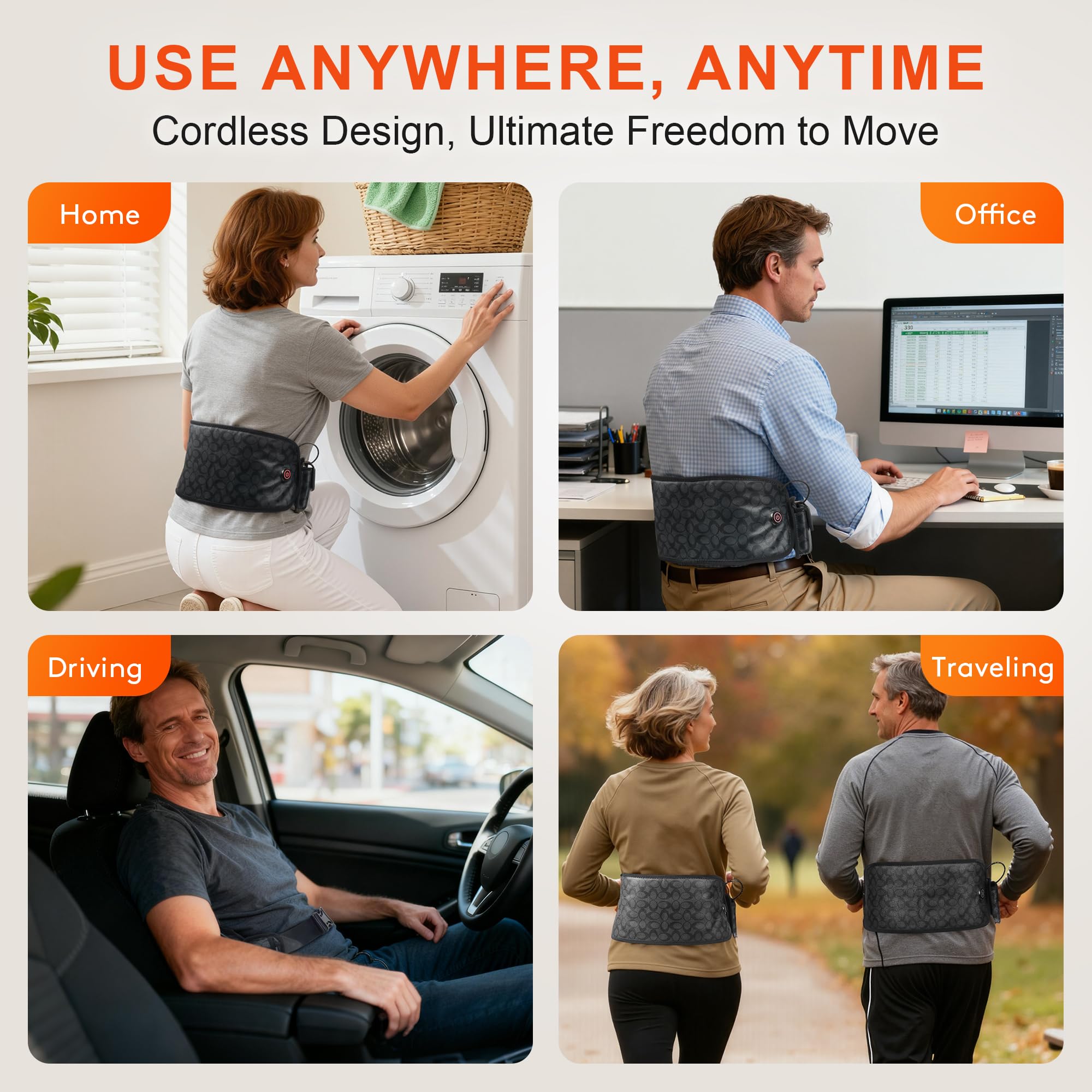 UTK wireless heating belt in a cozy living room for on-the-go warmth.