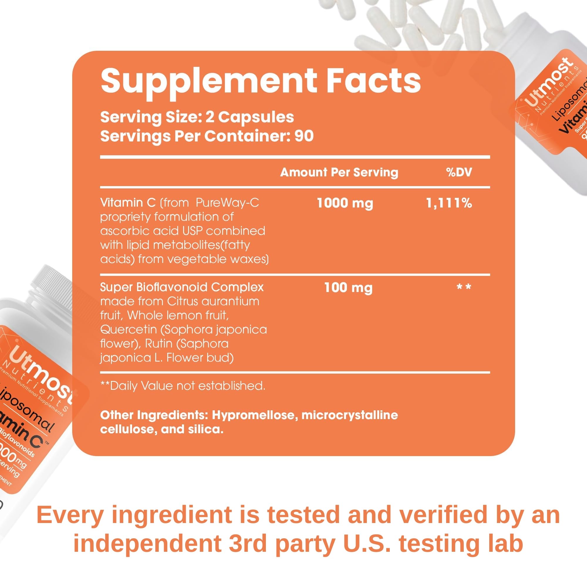 Closeup of Utmost Nutrients liposomal Vitamin C capsules showing easy-to-swallow form.
