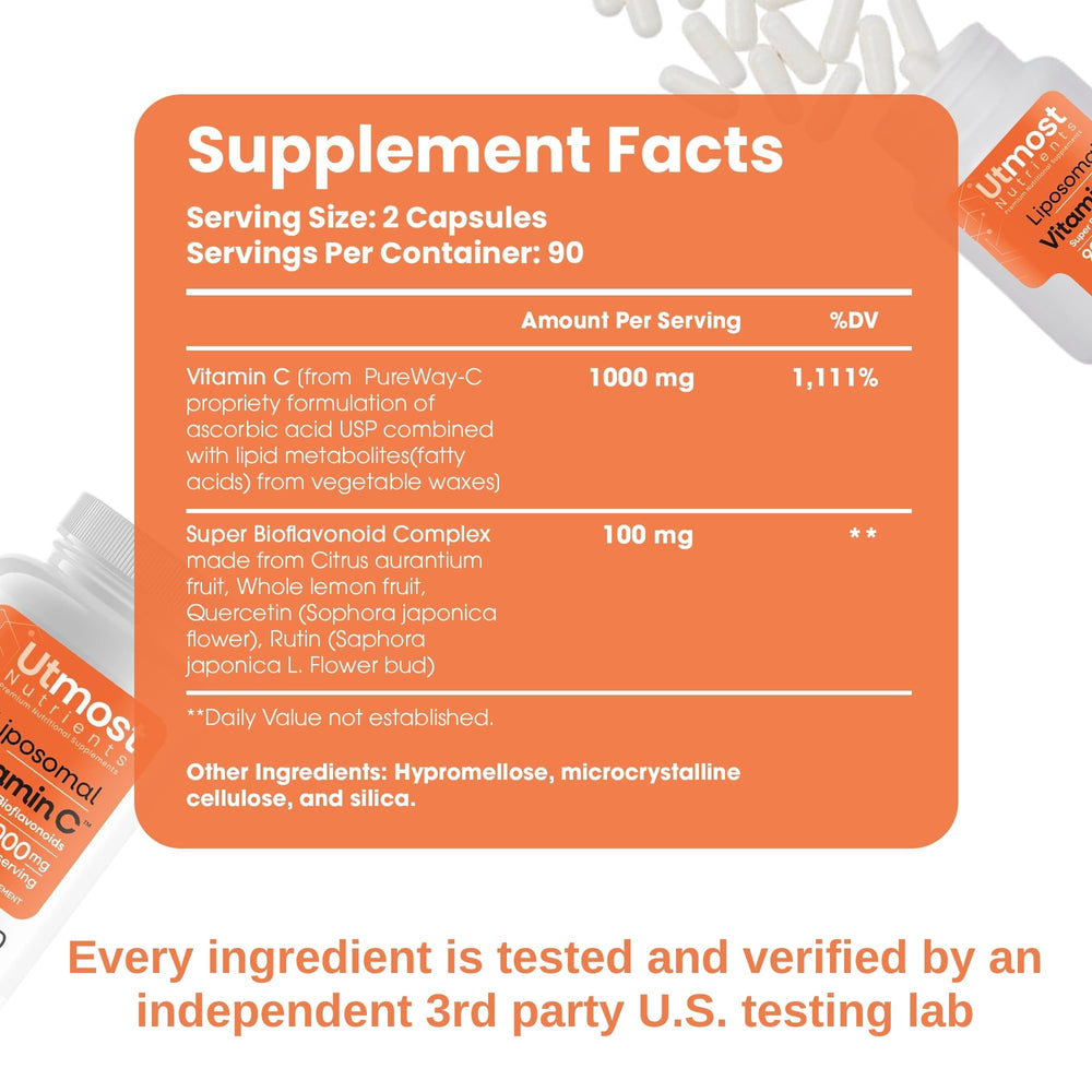 Closeup of Utmost Nutrients liposomal Vitamin C capsules showing easy-to-swallow form.
