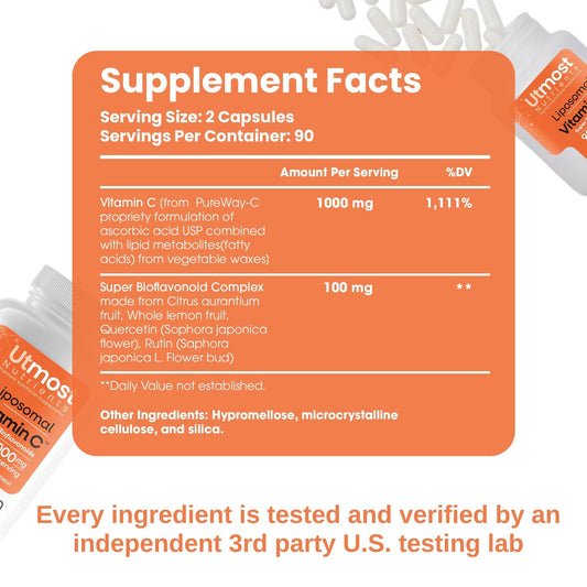 Closeup of Utmost Nutrients liposomal Vitamin C capsules showing easy-to-swallow form.