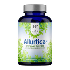 Utzy Naturals Allurtica bottle on shelf signaling non-drowsy relief