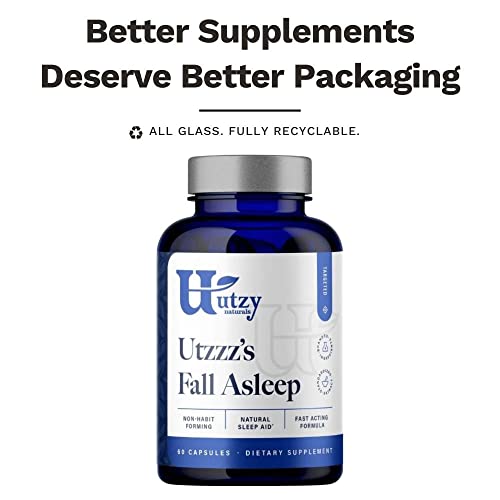 Utzy Naturals Fall Asleep bottle label highlights natural sleep ingredients for gentle evening calm.