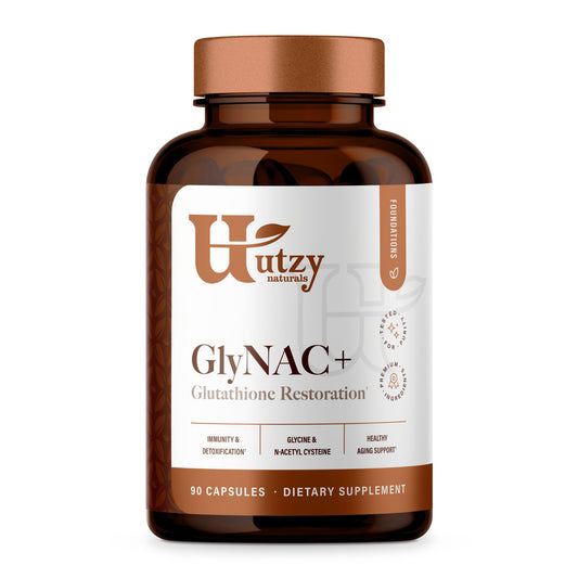 Utzy Naturals GlyNAC+ bottle with easy-to-swallow capsules for daily antioxidant support.