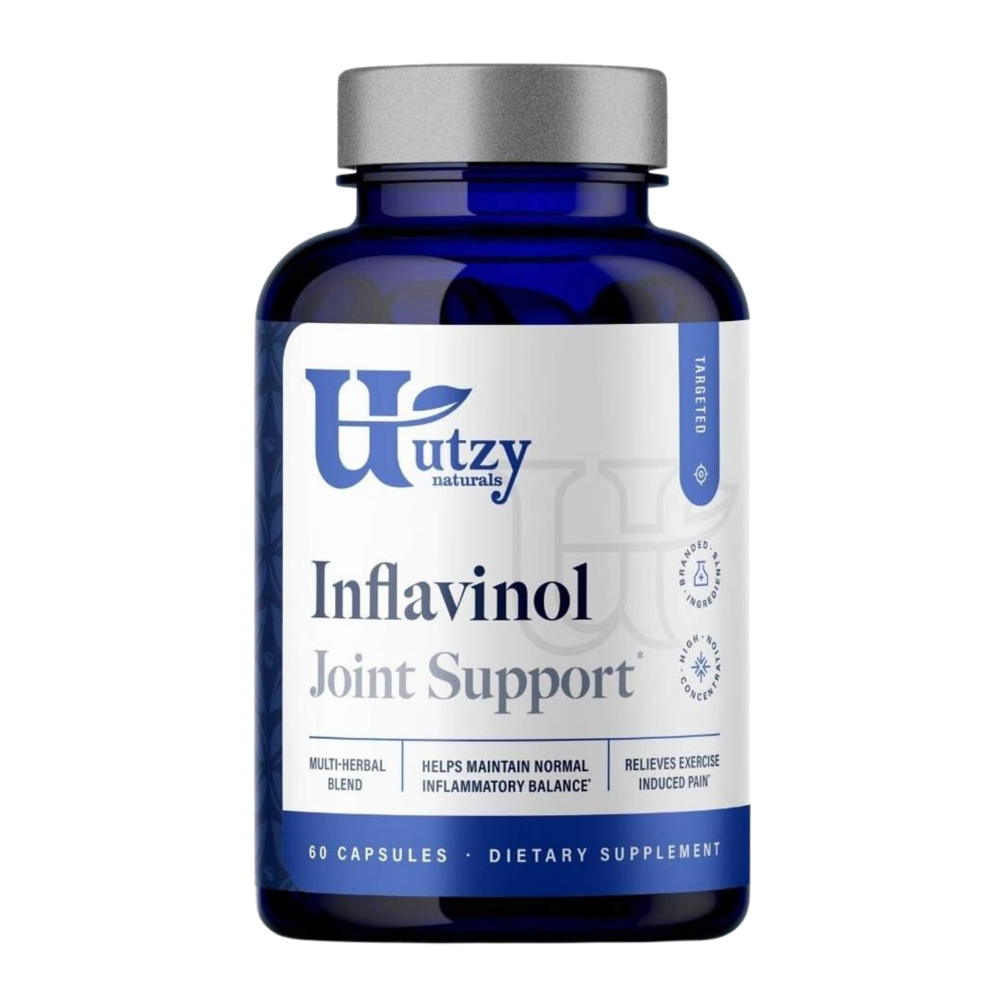 Utzy Naturals Inflavinol bottle front view for everyday joint support.