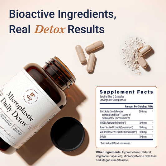 Utzy Naturals Microplastic Daily Detox bottle label closeup shows ingredients