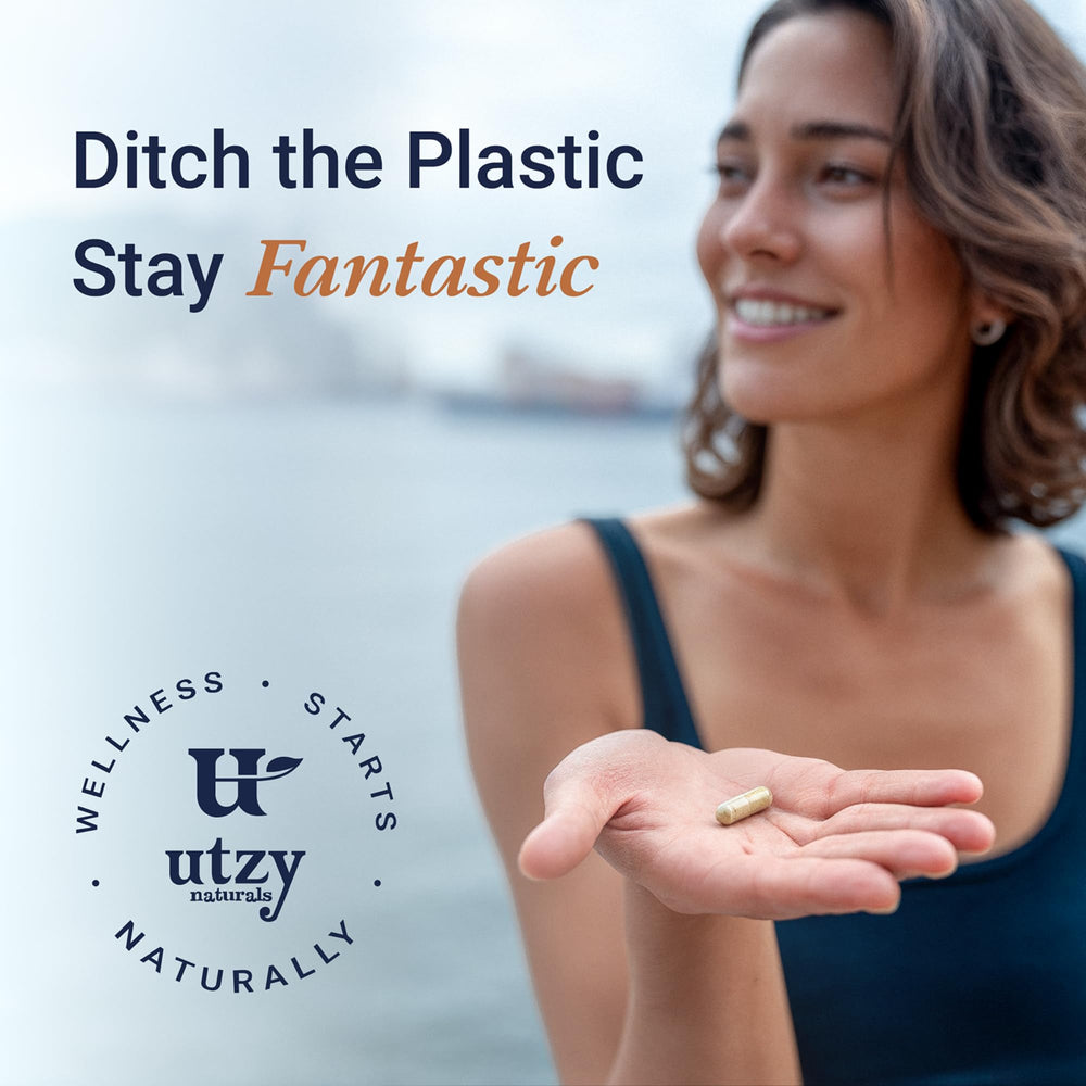 Utzy Naturals Microplastic Daily Detox lab-testing badge visual reinforces quality and safety