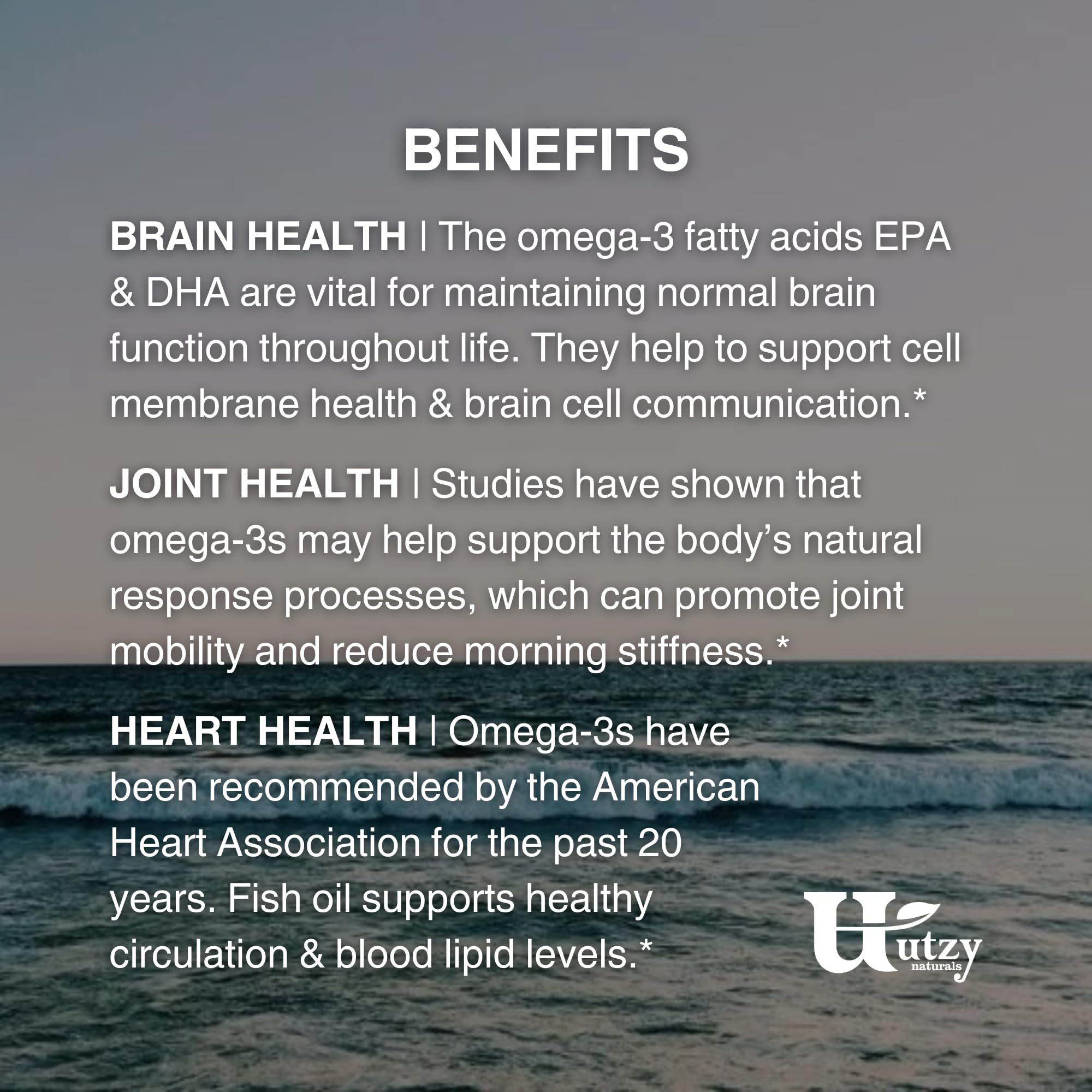 Utzy Naturals Omega-3 empty bottle guarantee badge signals reliable support.