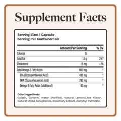 Utzy Naturals Omega-3 bottle with lemon slice suggests refreshing flavor for daily intake.