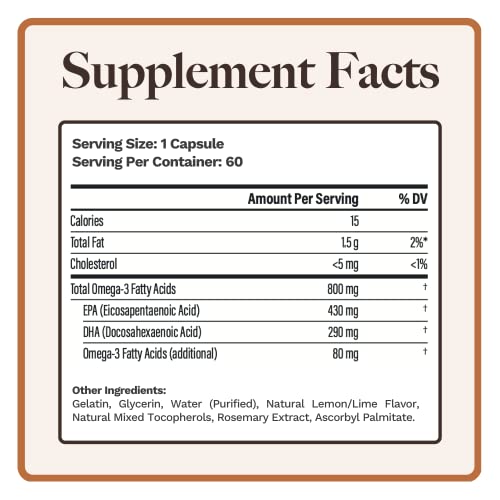 Utzy Naturals Omega-3 Lemon Softgels bottle back highlights purity and dosage clarity.
