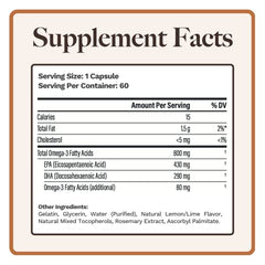 Utzy Naturals Omega-3 Lemon Softgels bottle back highlights purity and dosage clarity.