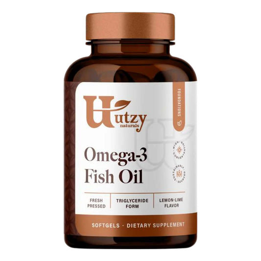 Utzy Naturals Omega-3 Lemon Softgels bottle front showcases freshness and premium quality.