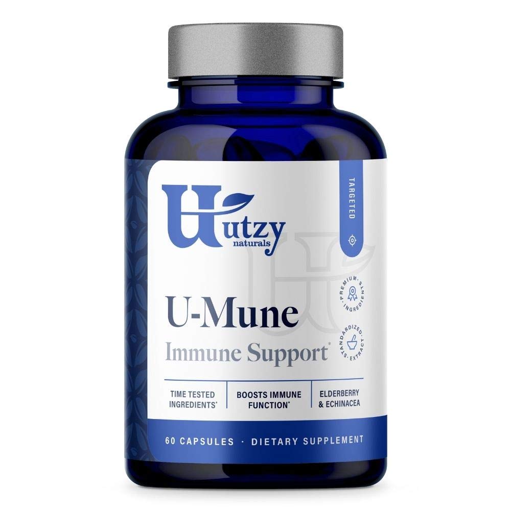 Utzy Naturals U-Mune bottle on a counter supports immune health.