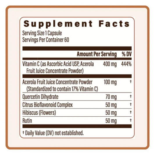 Utzy Naturals Vitamin C Complex ingredients show acerola and citrus bioflavonoids for daily vitality.