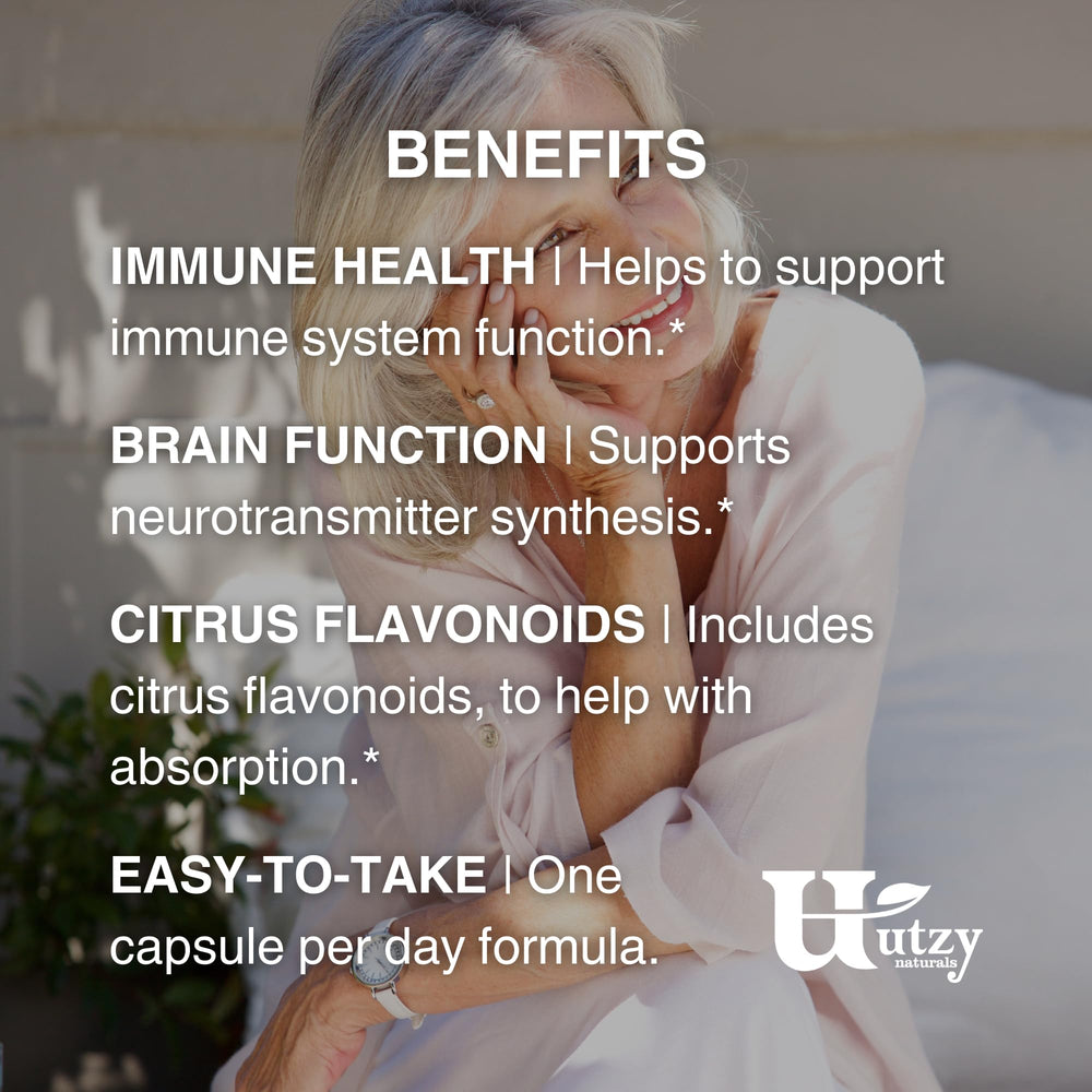 Utzy Naturals Vitamin C Complex manufactured in the USA with Empty Bottle Guarantee.