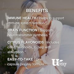 Utzy Naturals Vitamin C Complex manufactured in the USA with Empty Bottle Guarantee.