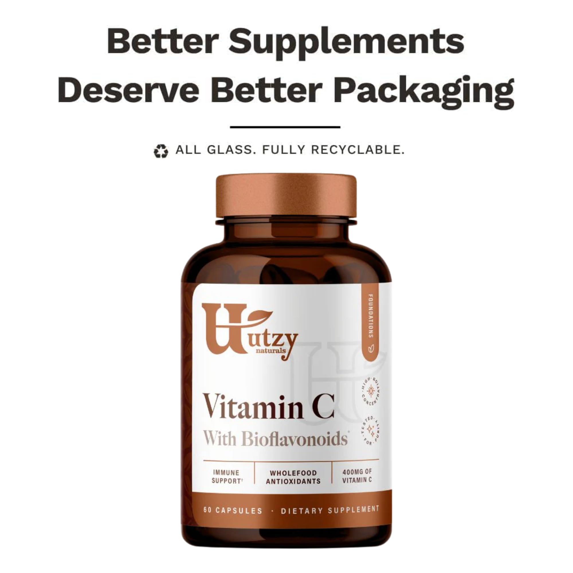 Utzy Naturals Vitamin C Complex packaging hints at eco-friendly and allergen-free formula.