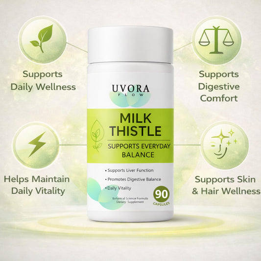 uvora Milk Thistle Detox bottle back, listing ingredients and vegan, gluten-free formula.