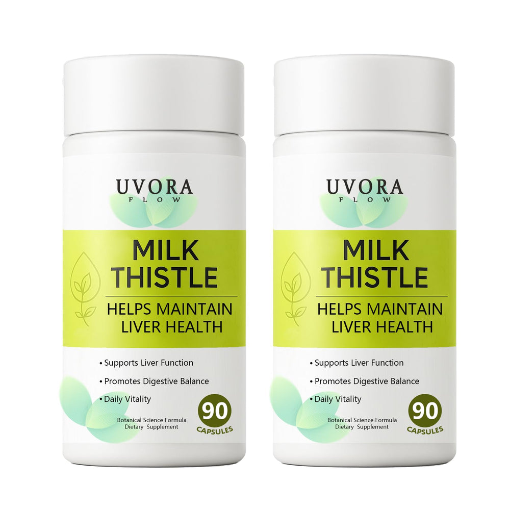 uvora Milk Thistle Detox bottle front, inviting daily wellness with botanical balance.