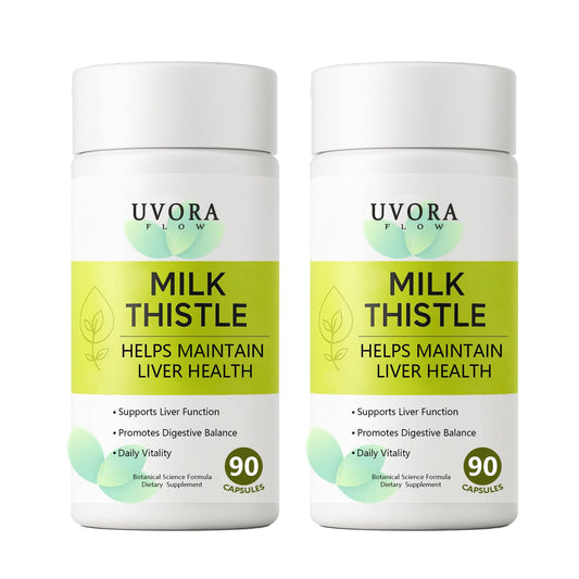 uvora Milk Thistle Detox bottle front, inviting daily wellness with botanical balance.