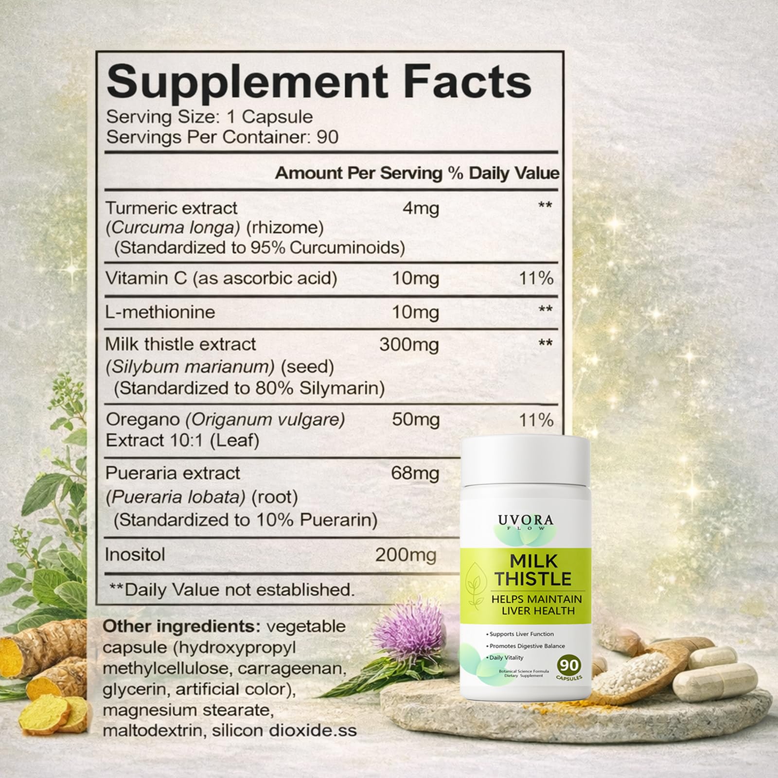 Uvora Milk Thistle Detox packaging with information card indicating quality