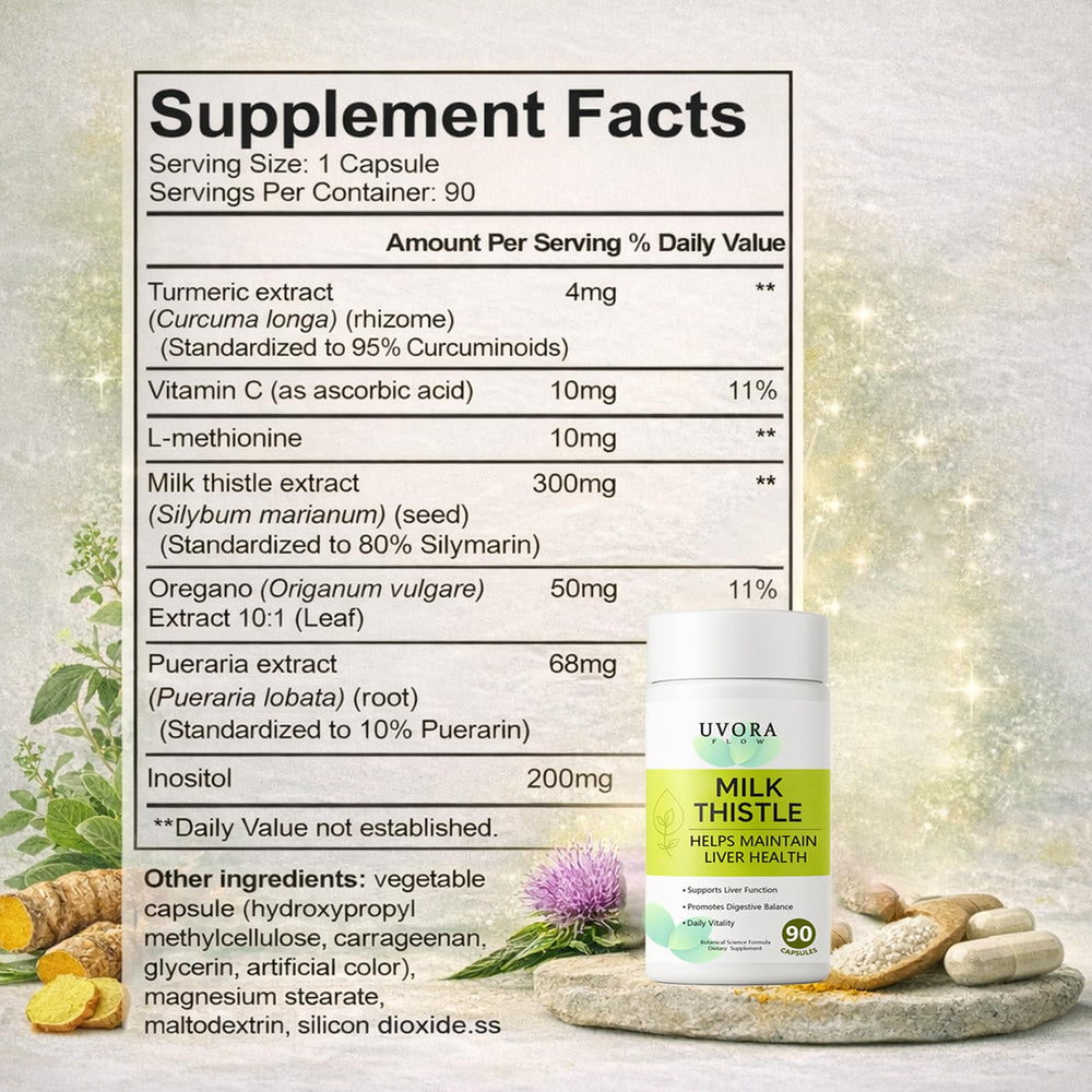 Uvora Milk Thistle Detox packaging with information card indicating quality