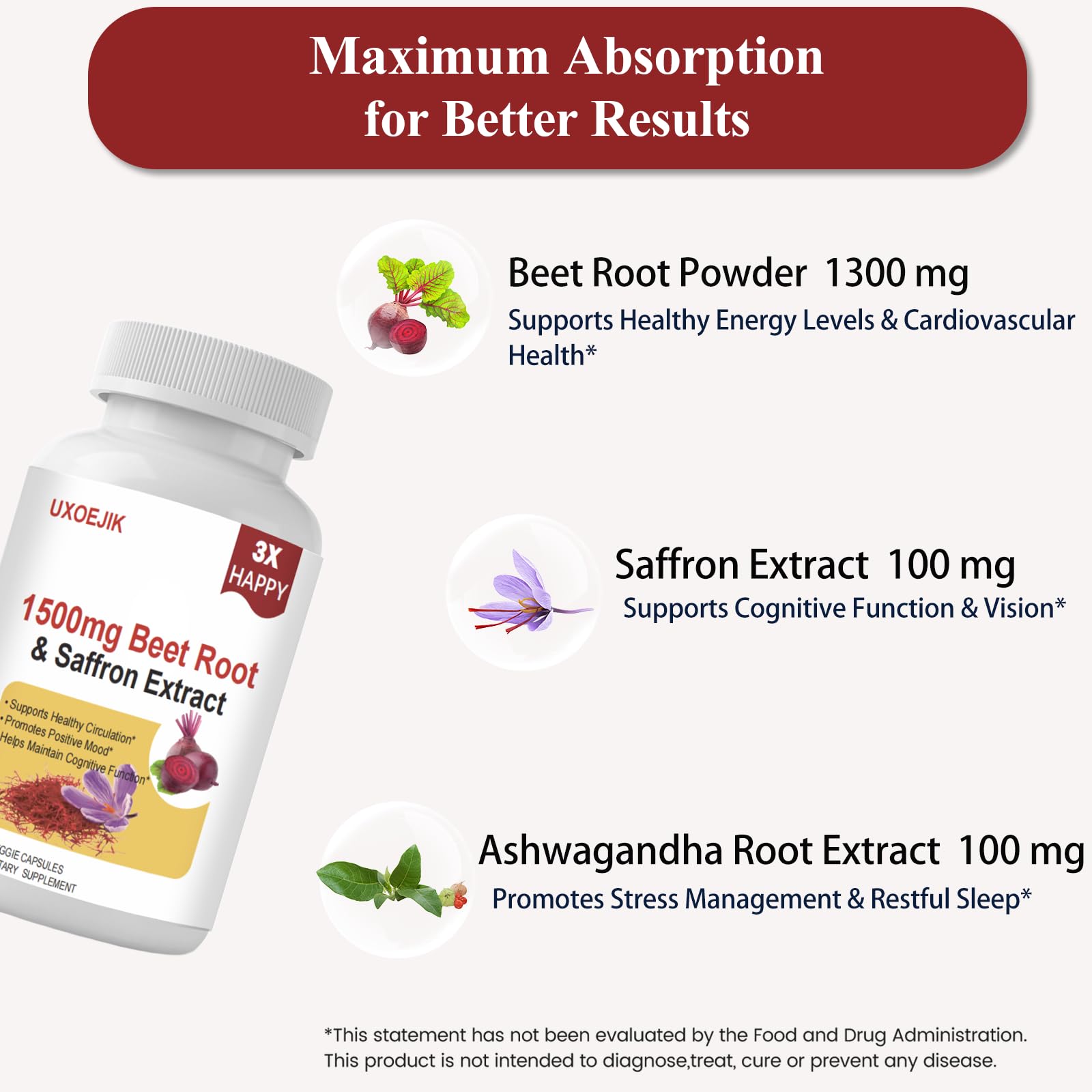 UXOEJIK saffron supplements beetroot powder visual highlights natural energy support.