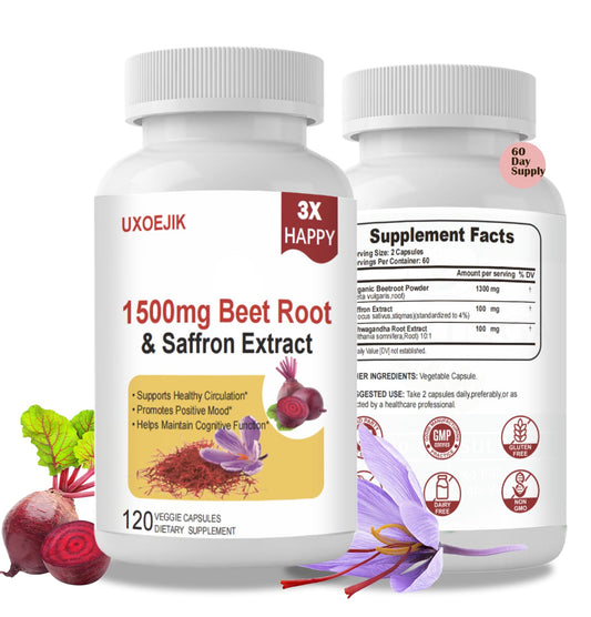 UXOEJIK saffron capsules bottle front for mood support and focus.