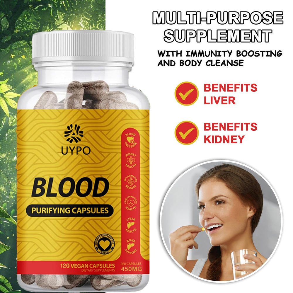 UYPO Blood Purifying Capsules label highlights gluten-free ingredients and vegan formulation.