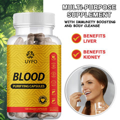 UYPO Blood Purifying Capsules label highlights gluten-free ingredients and vegan formulation.