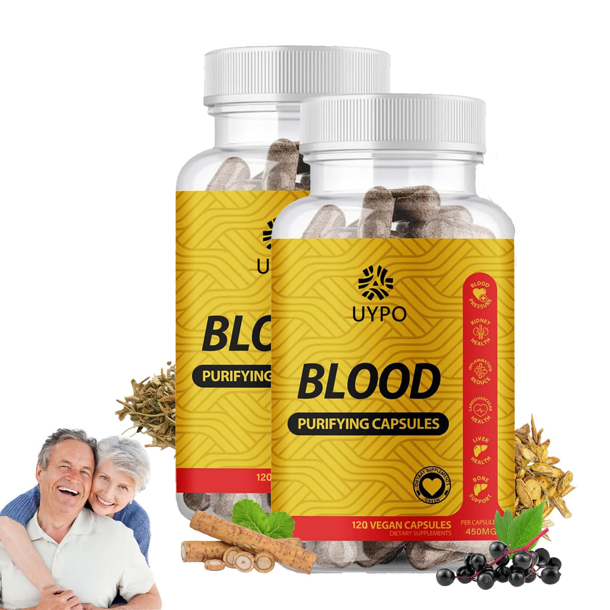UYPO Blood Purifying Capsules packaging showing gluten-free vegan formula for on-the-go use.