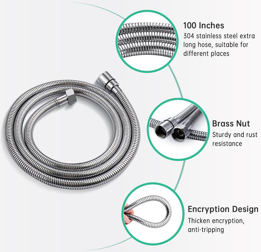 8-ft stainless hose for flexible, rust-free cleansing.