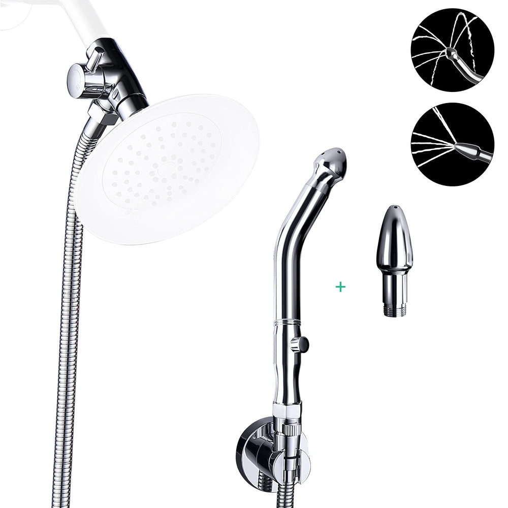 V-Frankness enema system in chrome with long hose for comfortable in-shower cleansing.
