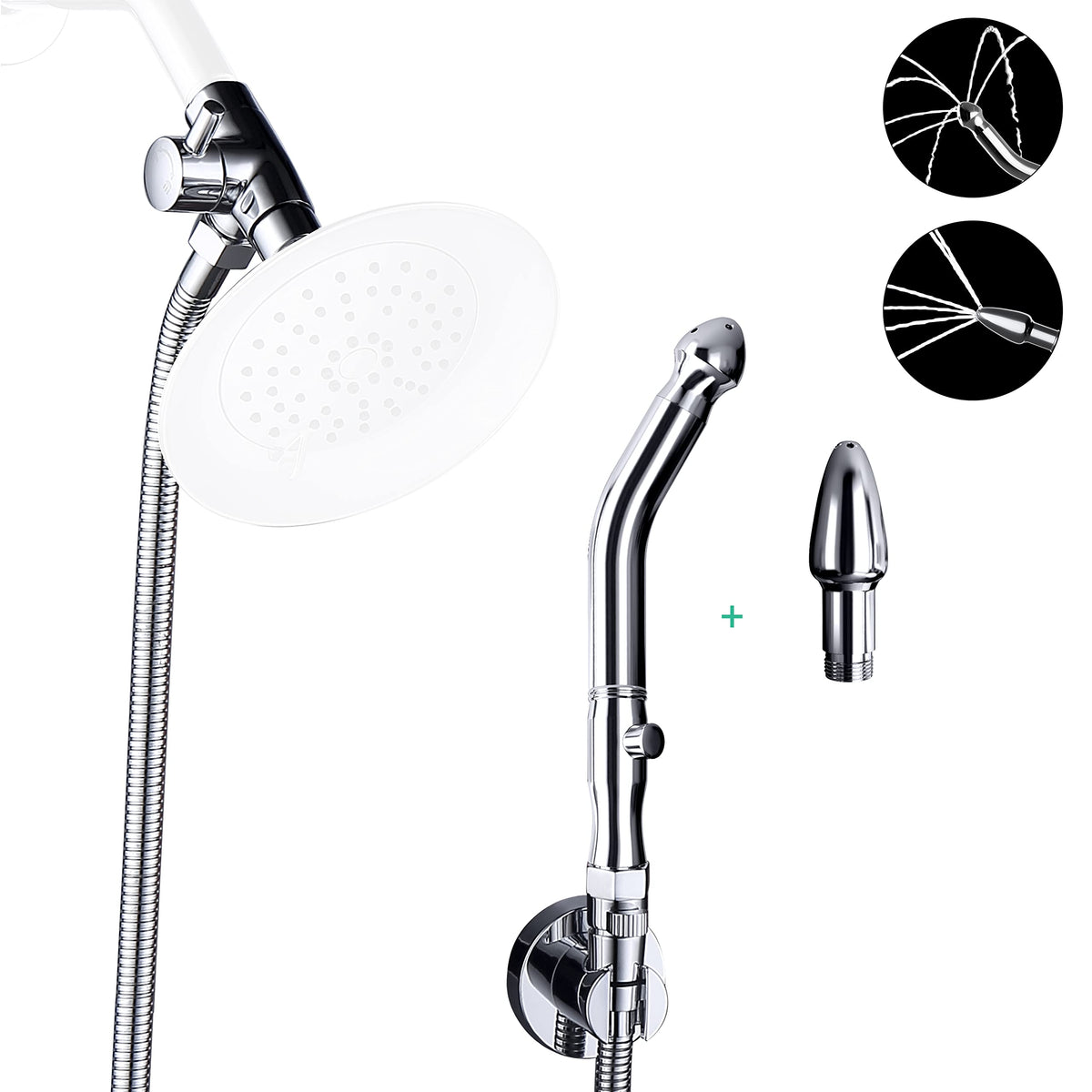 V-Frankness enema system in chrome with long hose for comfortable in-shower cleansing.